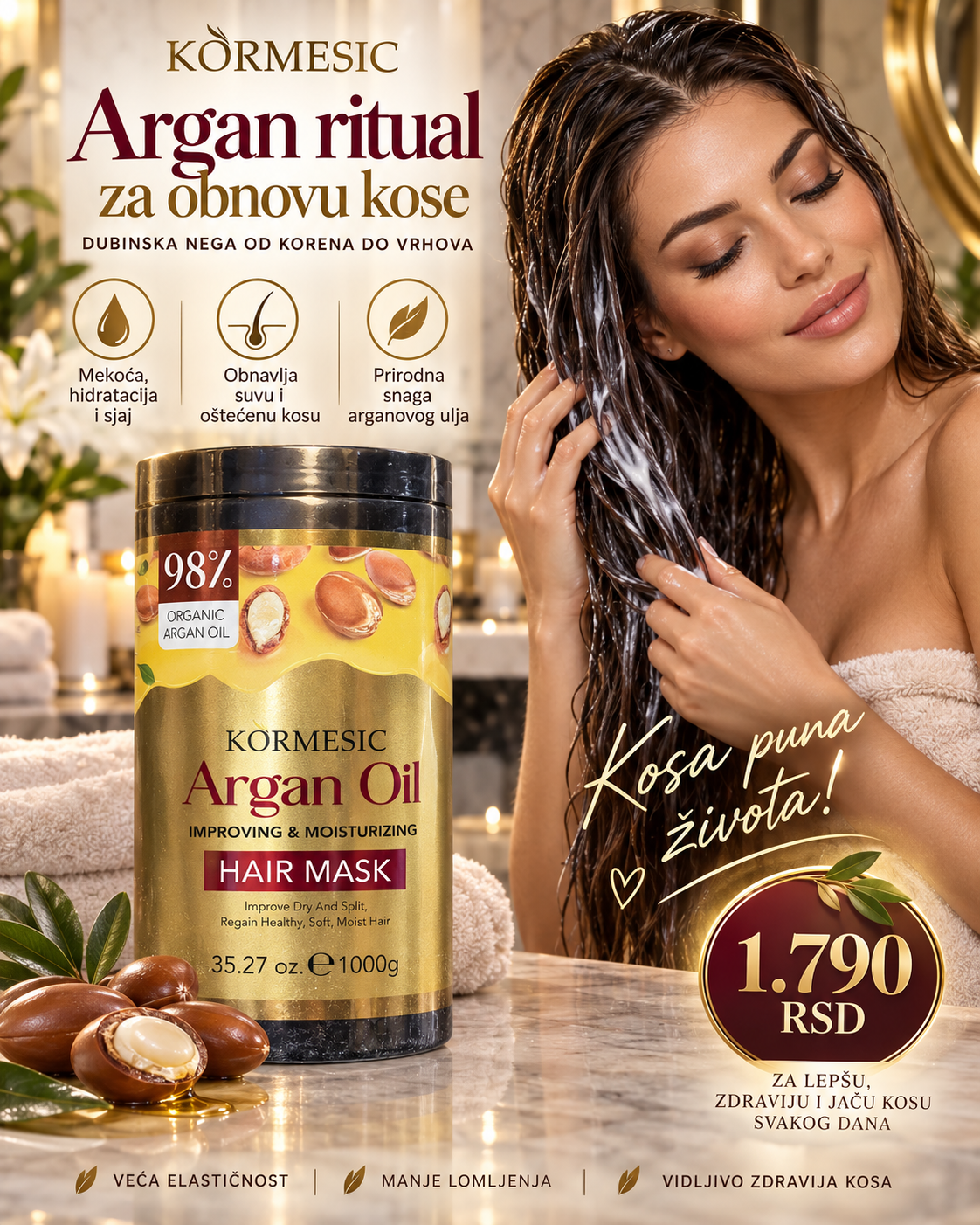 KORMESIC Argan Oil Hair Mask - žena nanosi masku na kosu