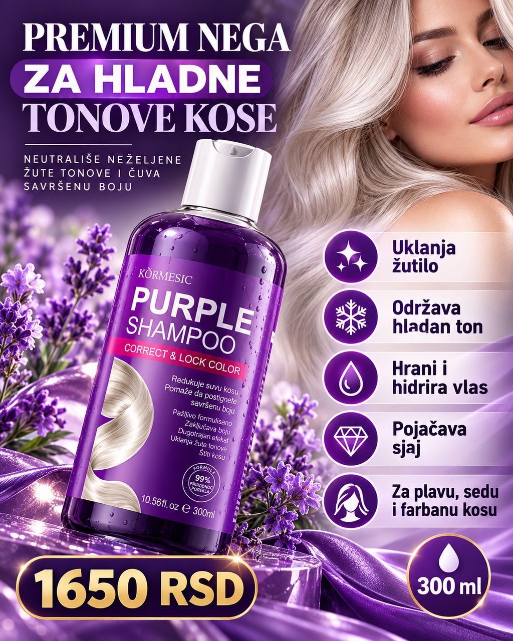 KORMESIC ljubičasti šampon za plavu sedu i posvetljenu kosu 300 ml