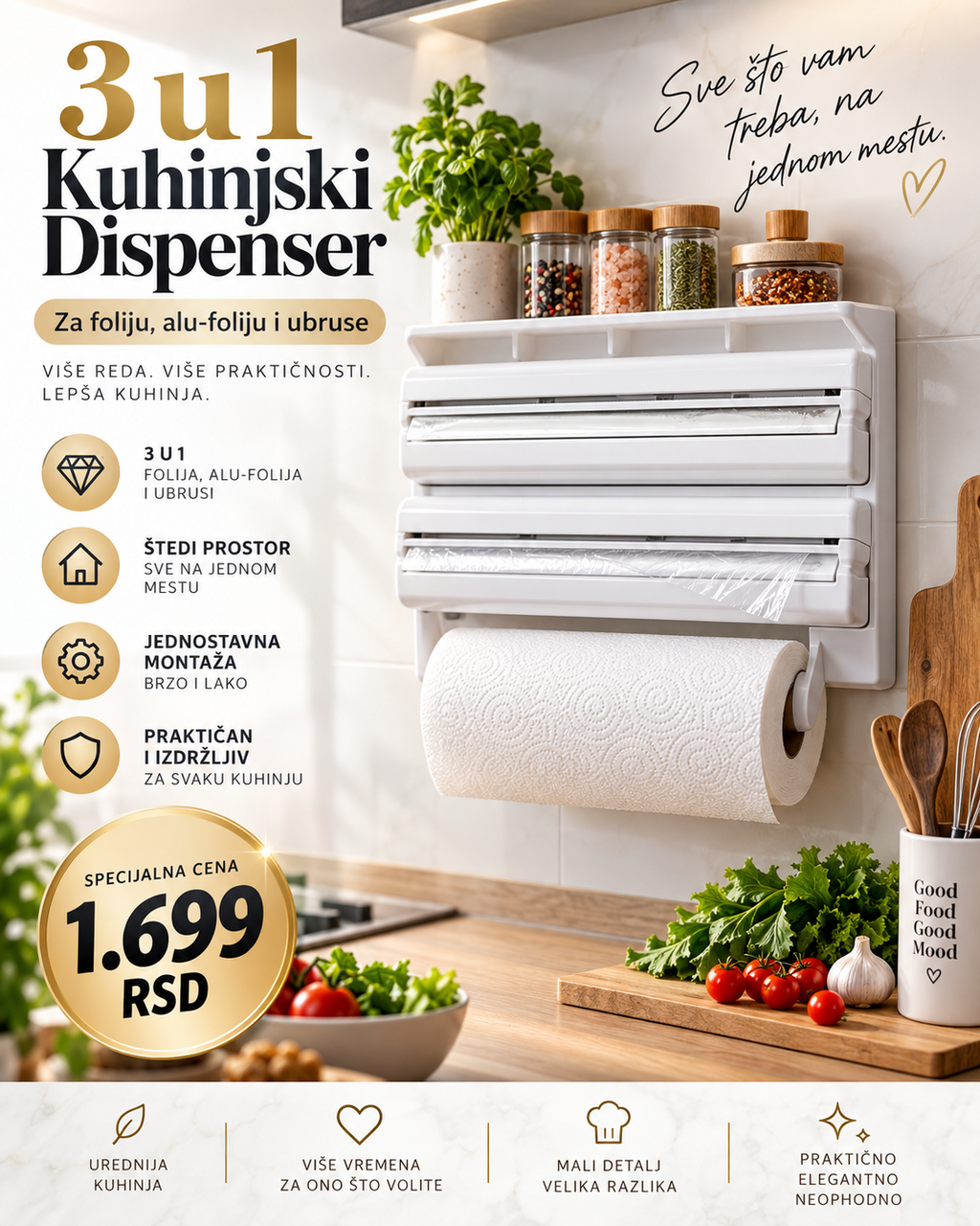 Kuhinjski dispenser 3u1 za foliju alu-foliju i ubruse