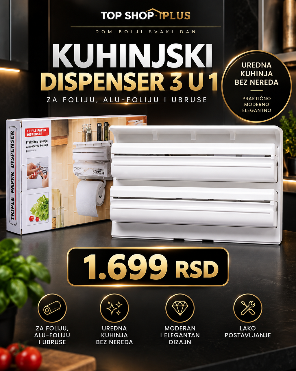 Kuhinjski dispenser 3u1 sa držačem ubrusa