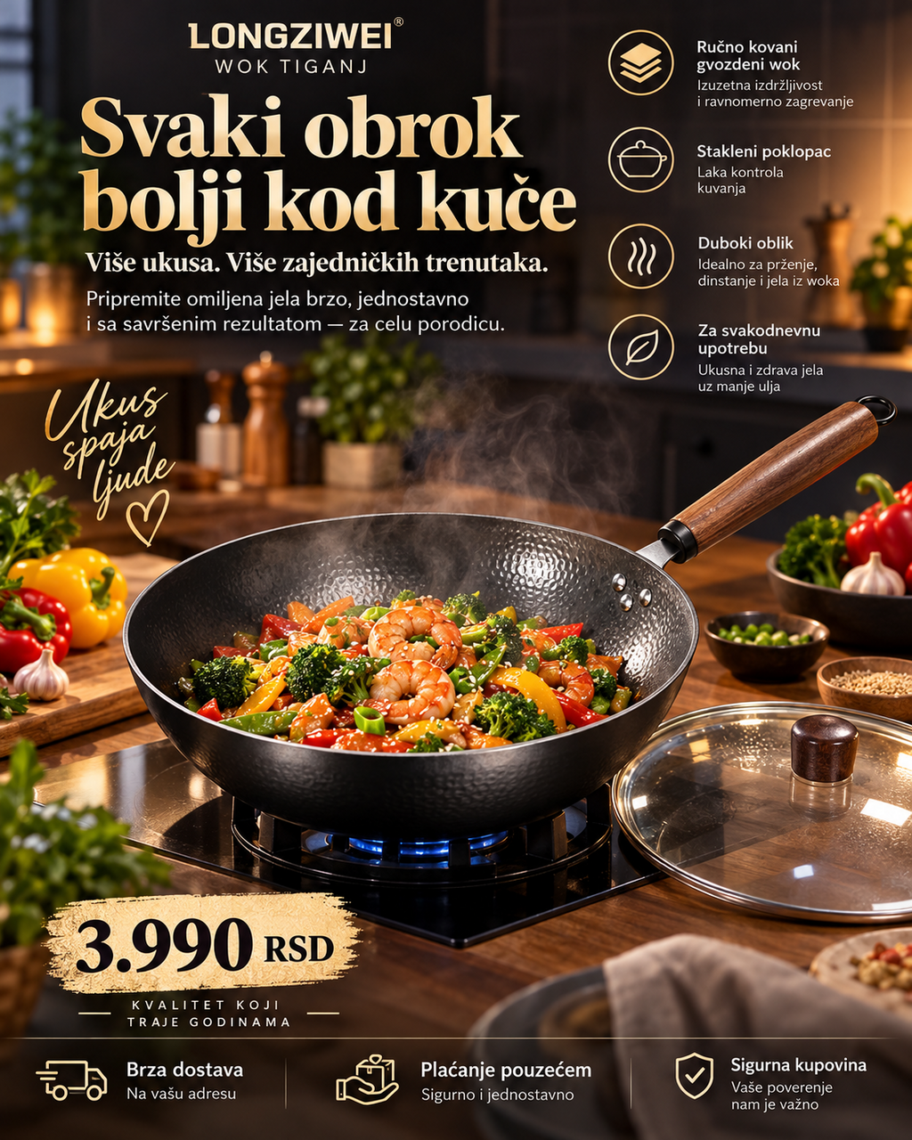 LONGZIWEI wok tiganj u upotrebi za raznovrsna jela
