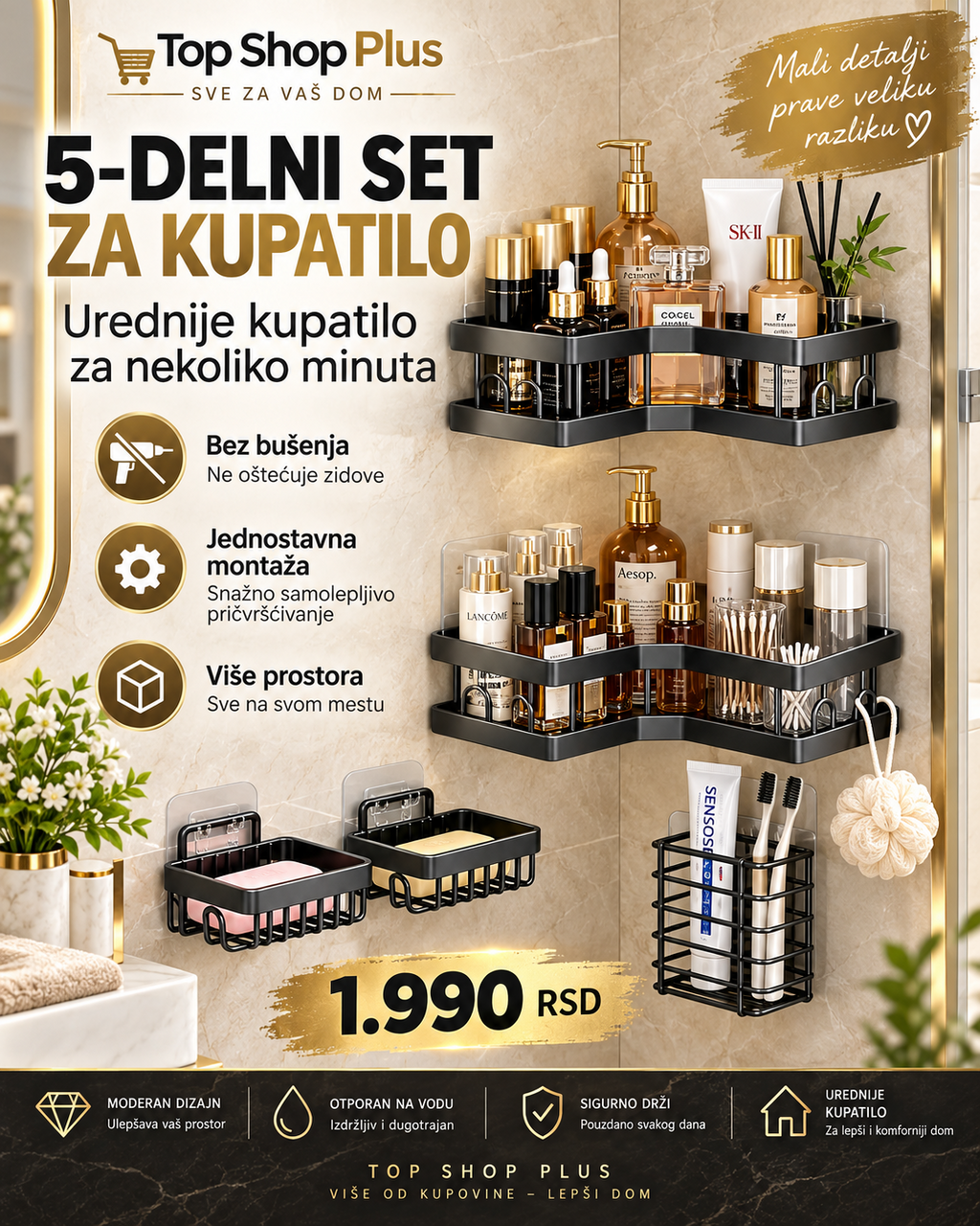 LuxeBath 5 premium petodelni set za organizaciju kupatila