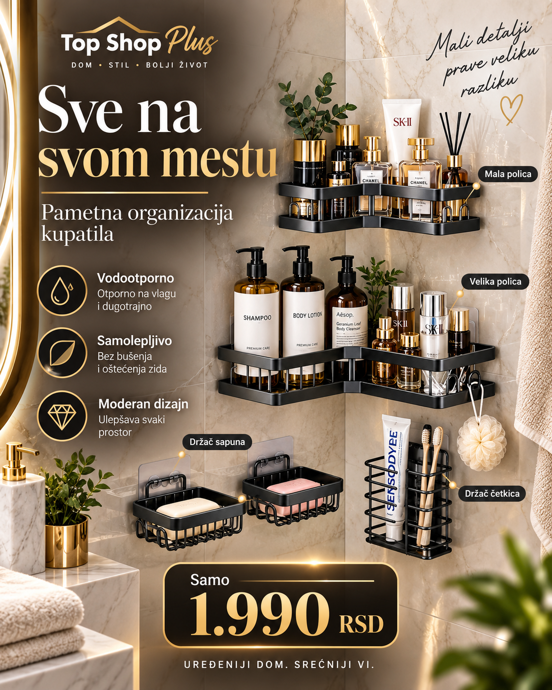 Crne samolepljive police za organizaciju kupatila