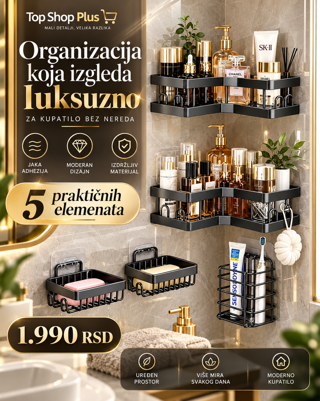 LuxeBath 5 crni organizacioni set za kupatilo bez bušenja