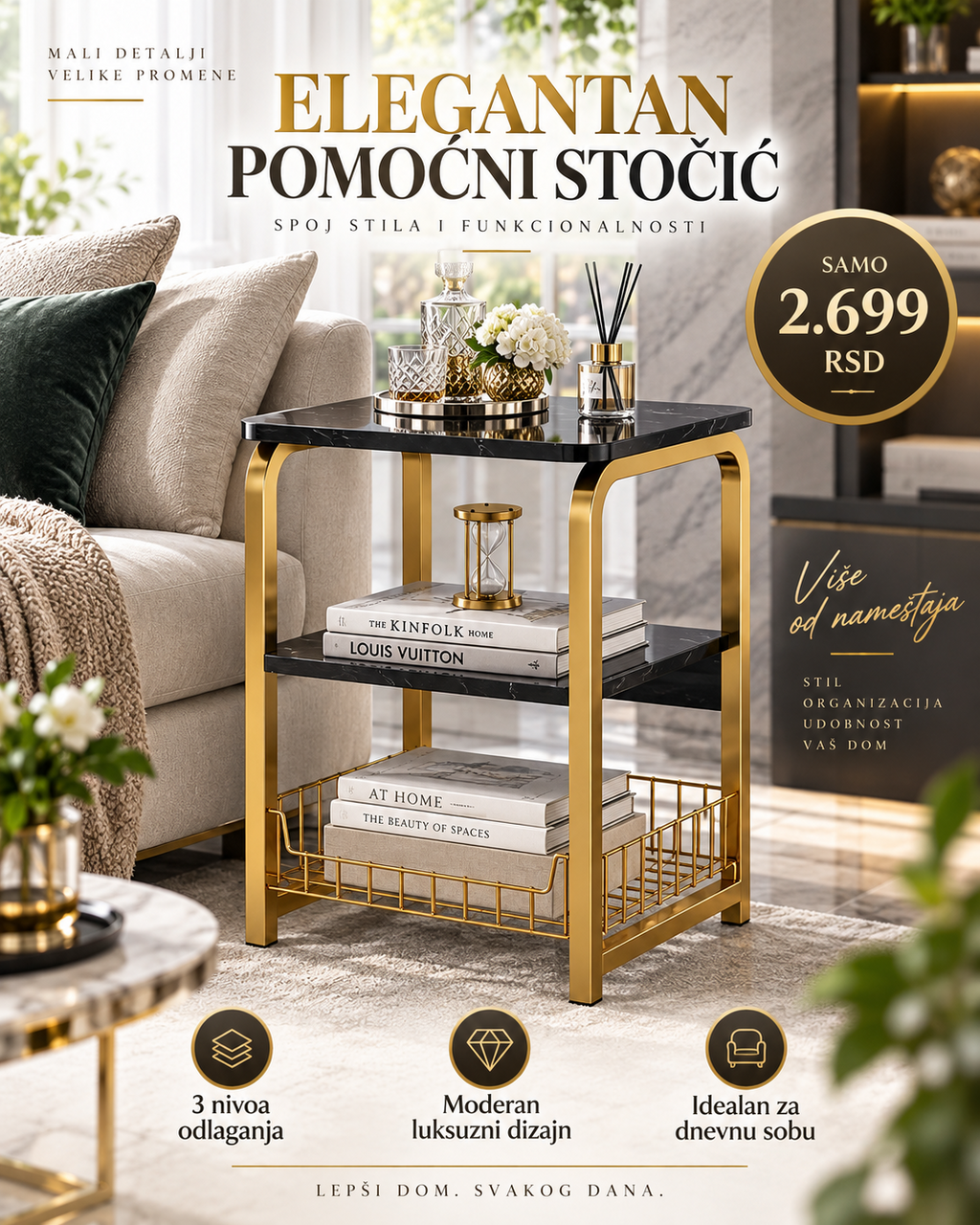 Maison Gold Trio luksuzni pomoćni stočić sa tri nivoa