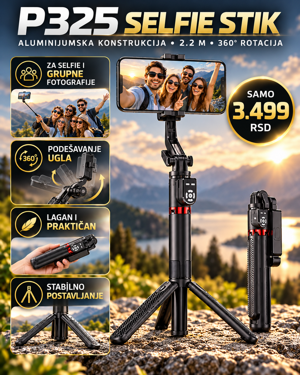 P325 selfie stik sa 2.2 m dužinom, 360 rotacijom i tripod postoljem