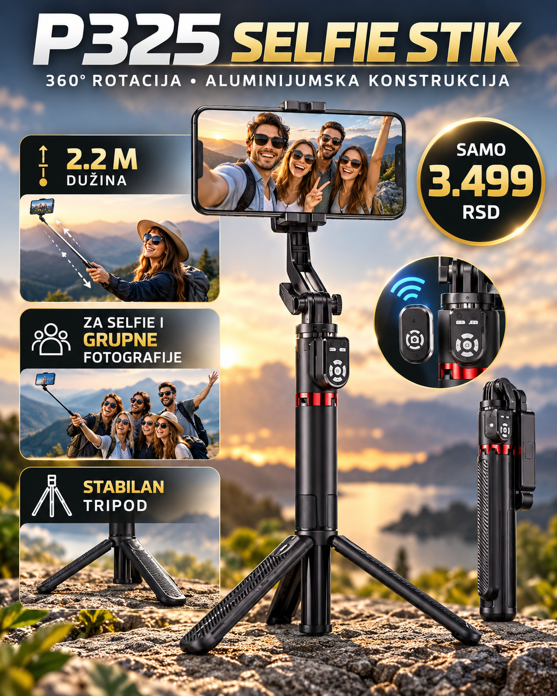 P325 aluminijumski selfie stik sa daljinskim upravljačem i 360 rotacijom