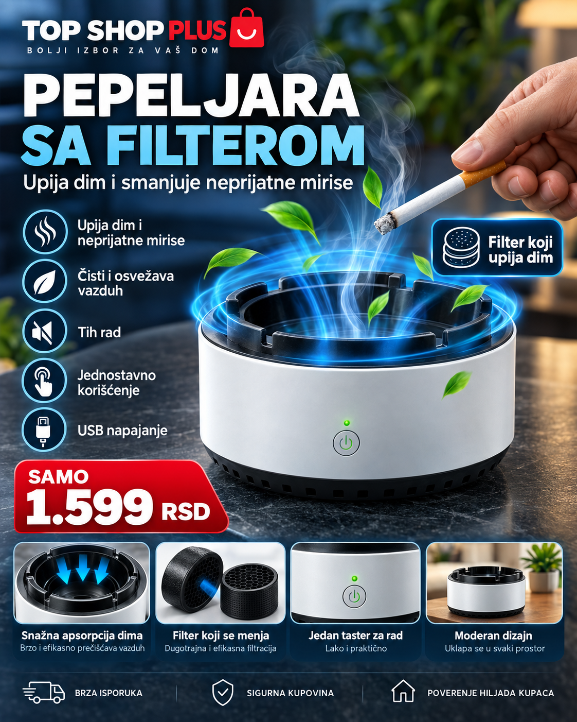 Pepeljara sa filterom koji upija dim - Top Shop Plus