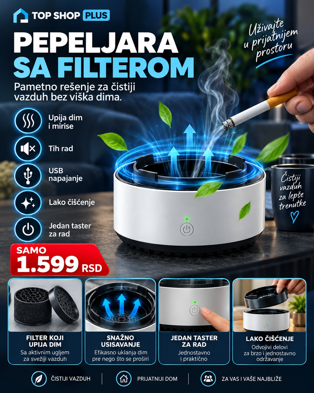 Pepeljara sa filterom za dim i prijatniji prostor - Top Shop Plus