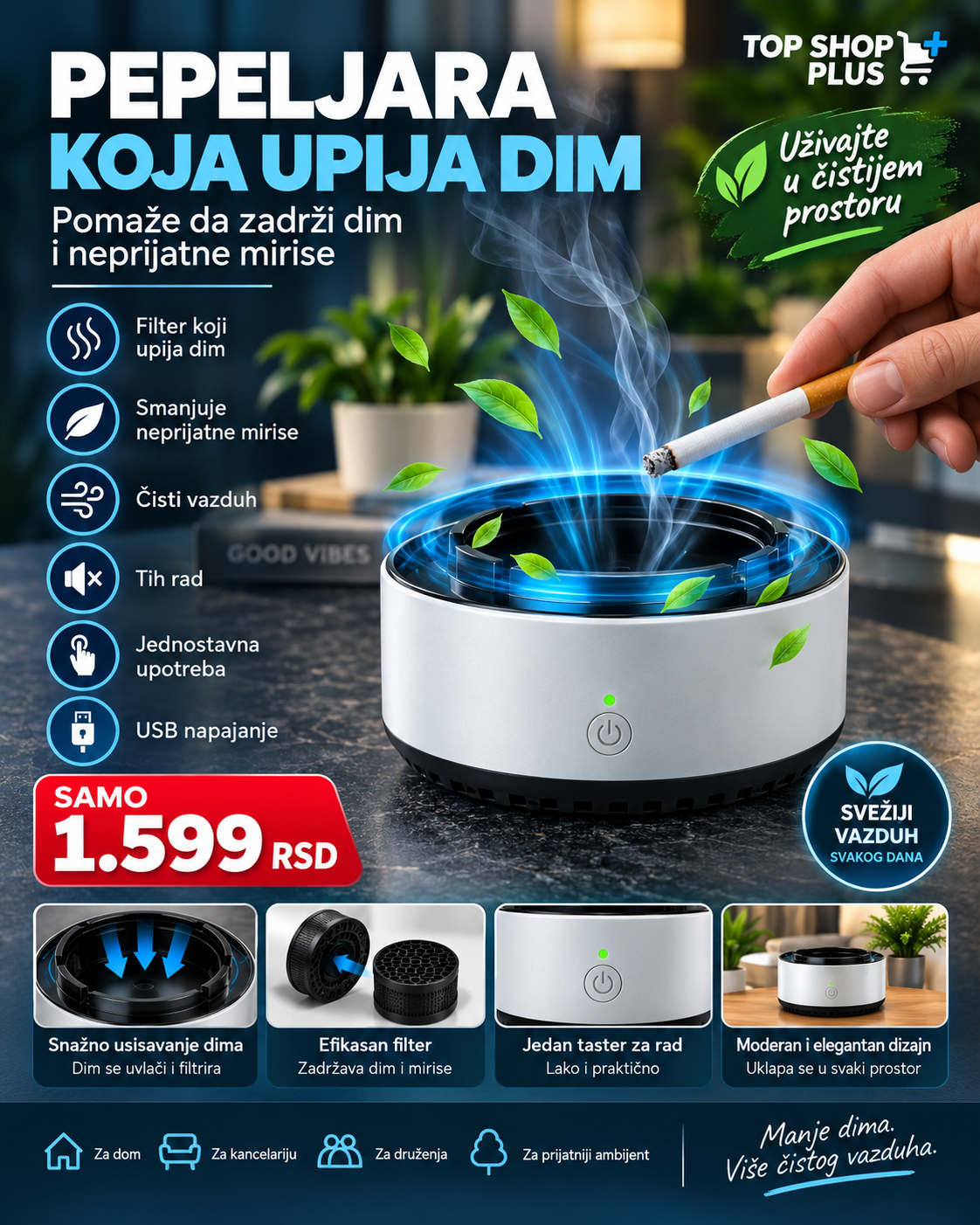 Pepeljara koja upija dim sa filterom - Top Shop Plus