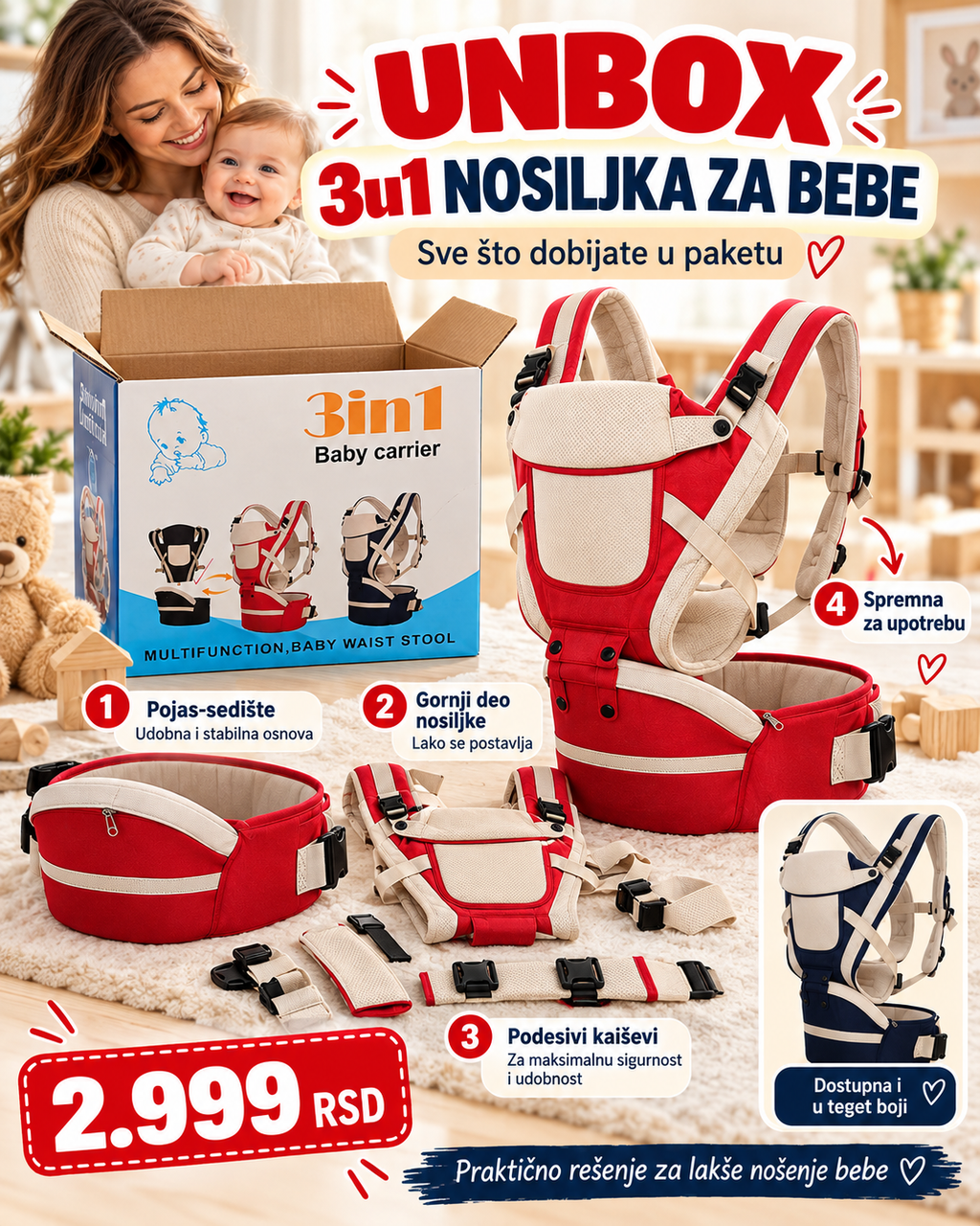 UNBOX Premium Deluxe 3u1 nosiljke za bebe - komplet i podesivi kaiševi