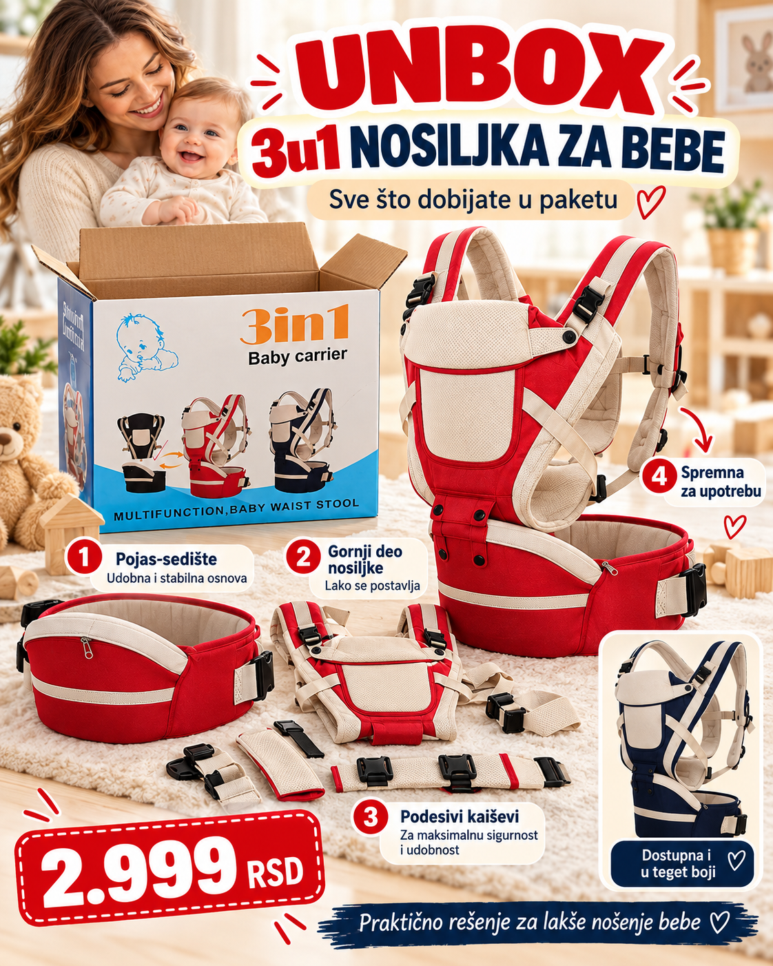 UNBOX Premium Deluxe 3u1 nosiljke za bebe - komplet i podesivi kaiševi