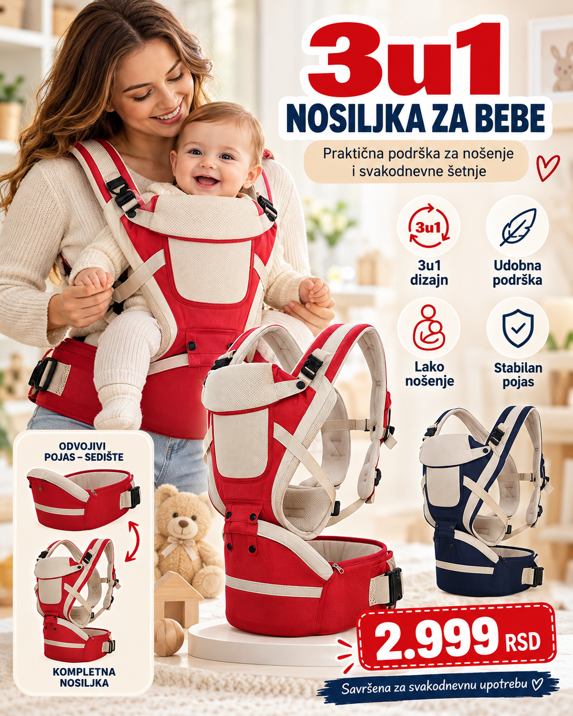 Premium Deluxe 3u1 nosiljka za bebe sa pojasom-sedištem - 2.999 RSD