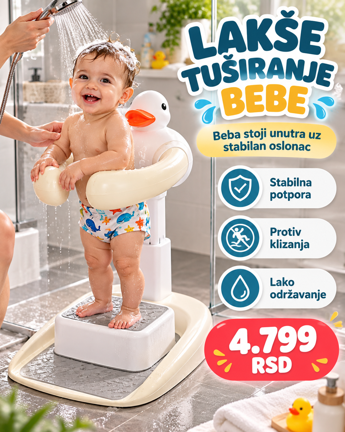 Premium držač za lakše tuširanje bebe sa osloncem i neklizajućom bazom
