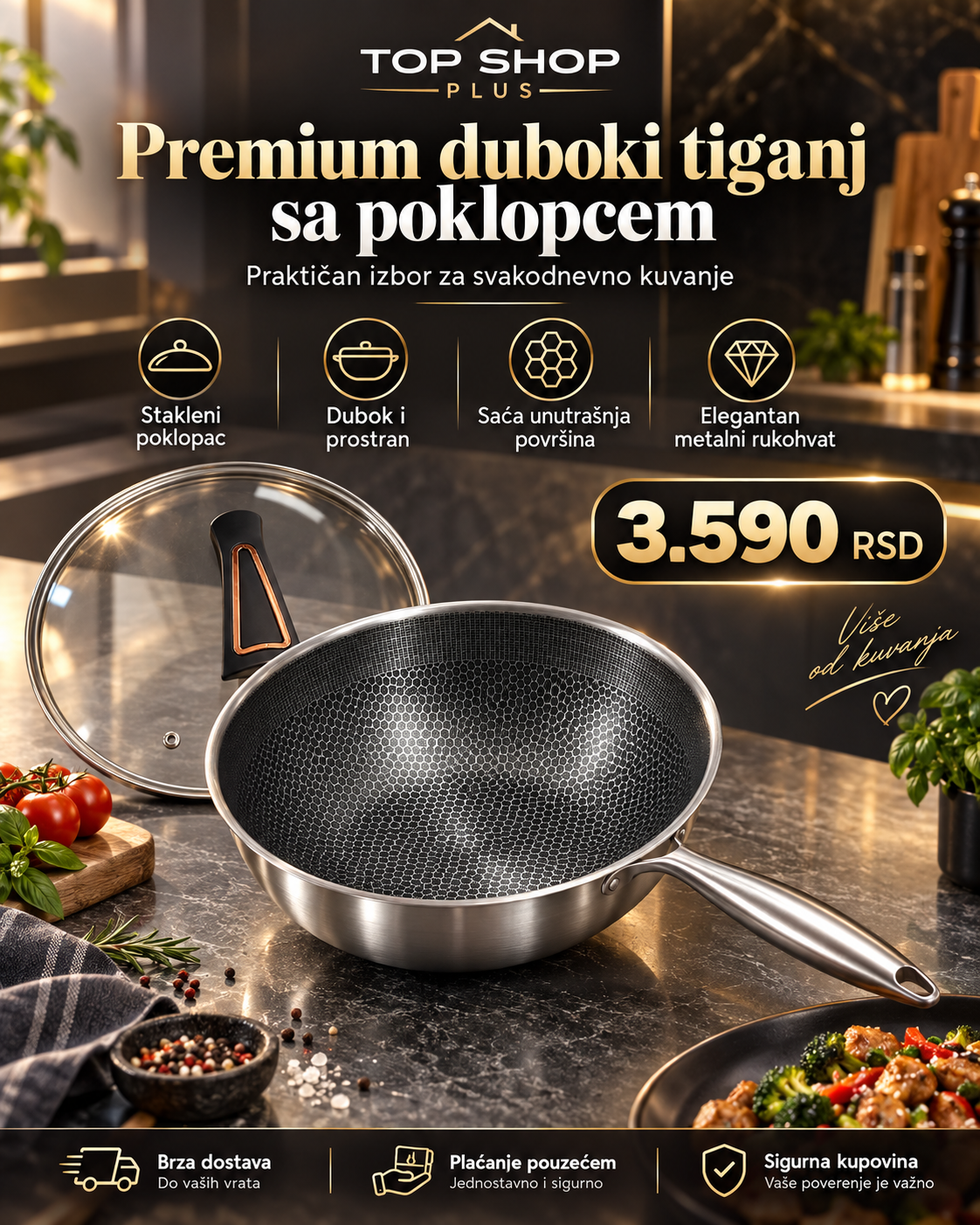 Premium duboki tiganj sa staklenim poklopcem