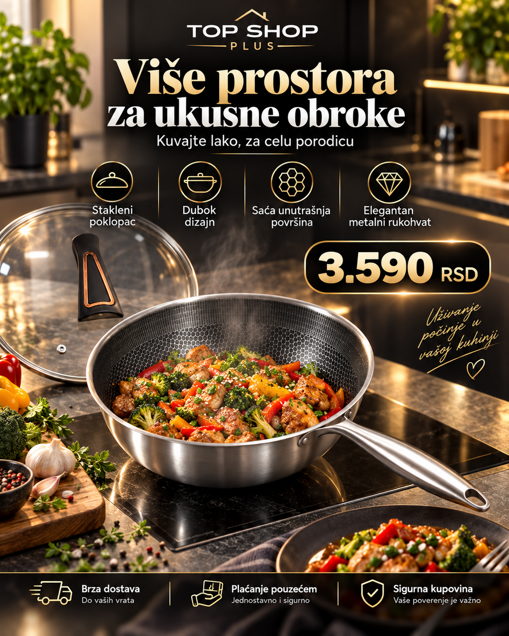 Premium duboki tiganj sa poklopcem u upotrebi