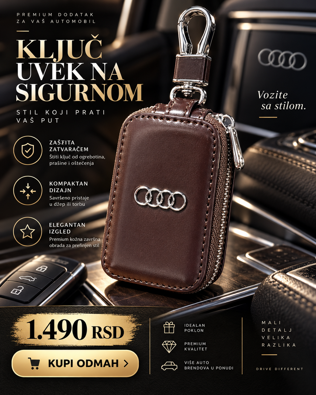Premium futrola za auto ključ Audi braon