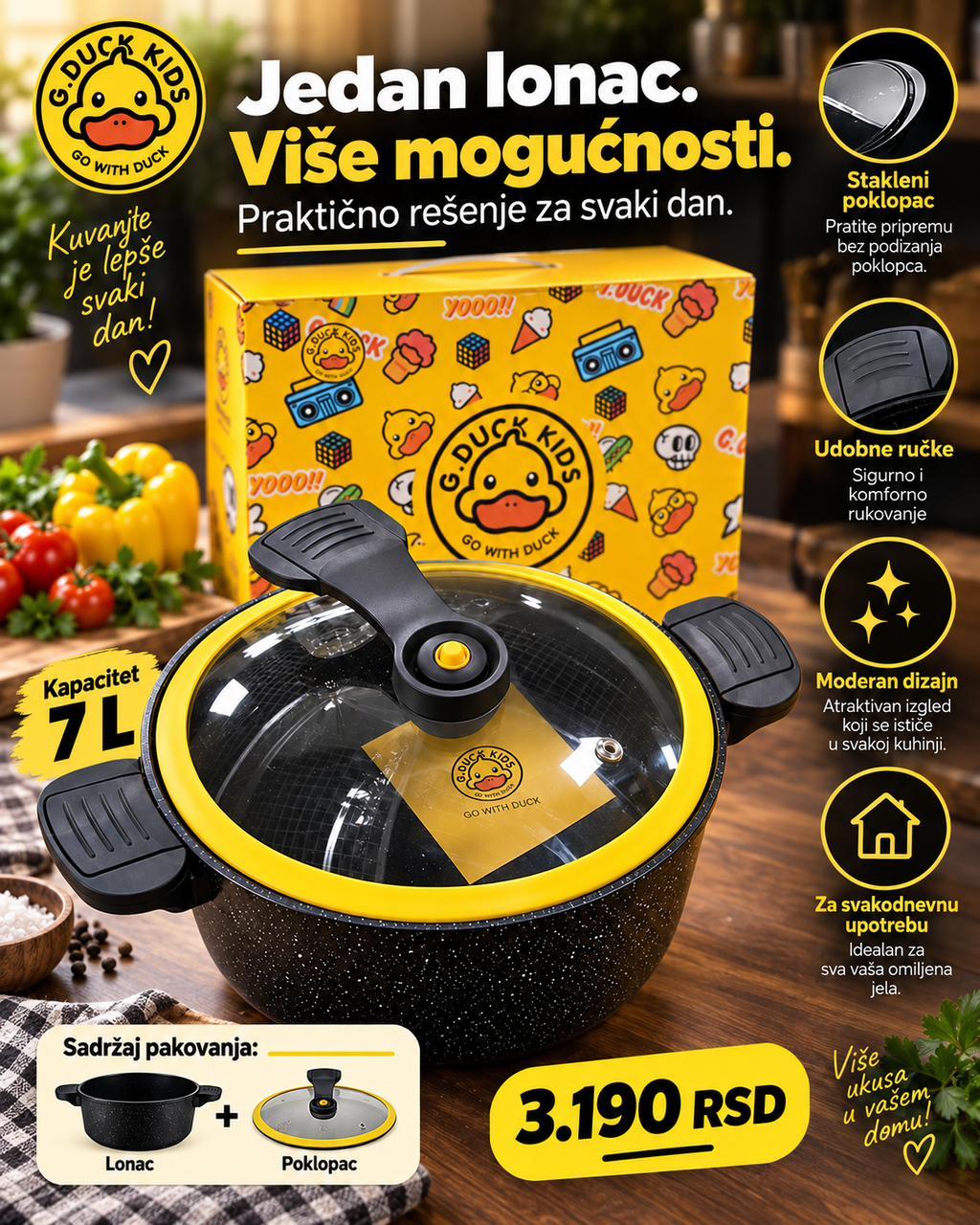 G.Duck Kids lonac 7L sa staklenim poklopcem i udobnim ručkama