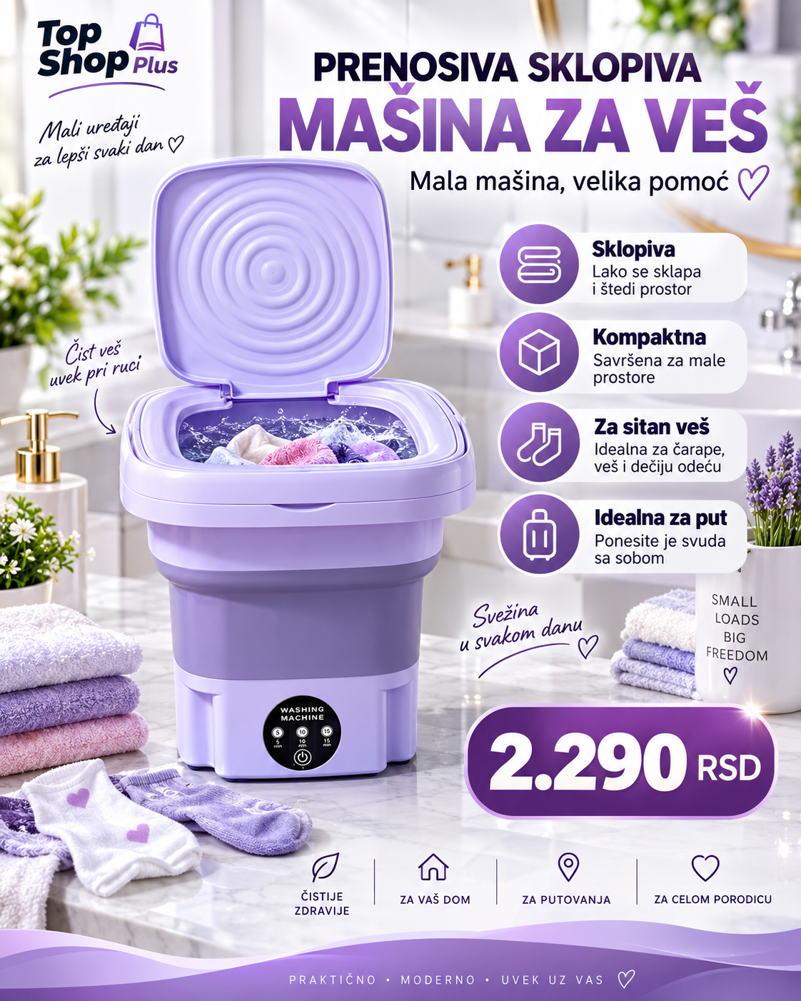Prenosiva sklopiva mini mašina za veš ljubičasta