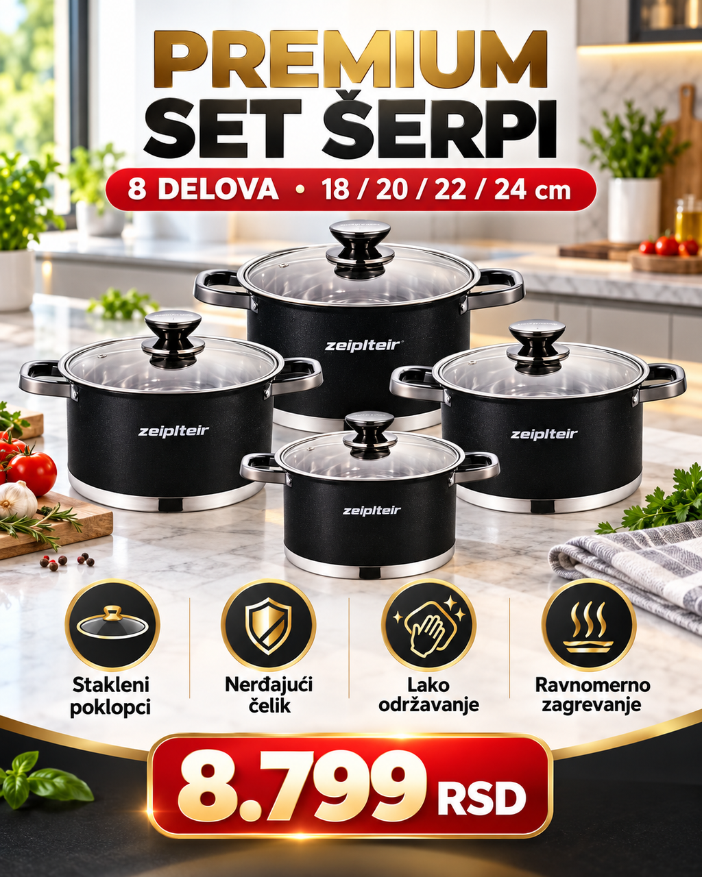 Zeiplteir Z-1824 Premium set šerpi 8 delova - 18 20 22 i 24 cm - 8.799 RSD