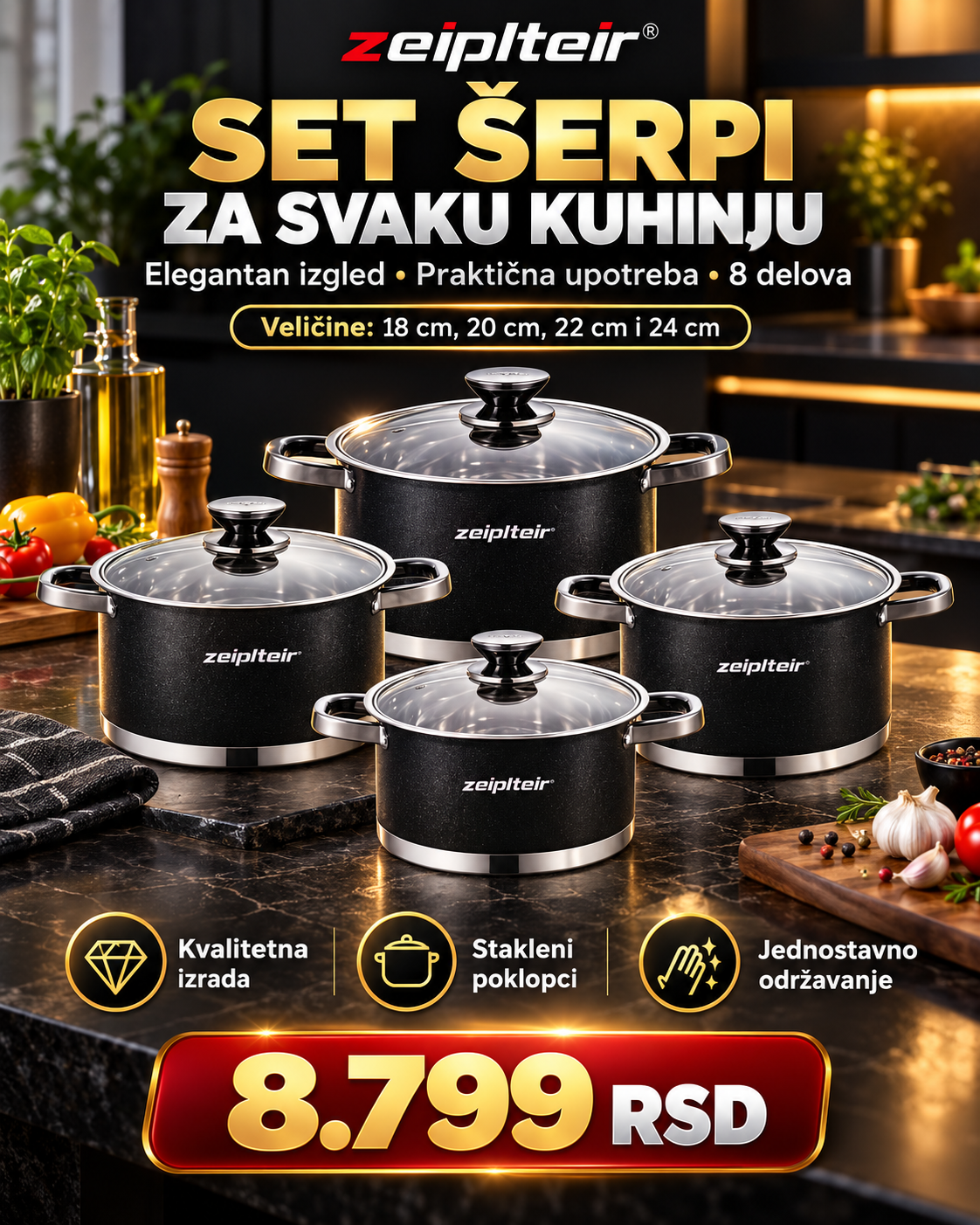 Zeiplteir Z-1824 crni set šerpi sa staklenim poklopcima - 8 delova