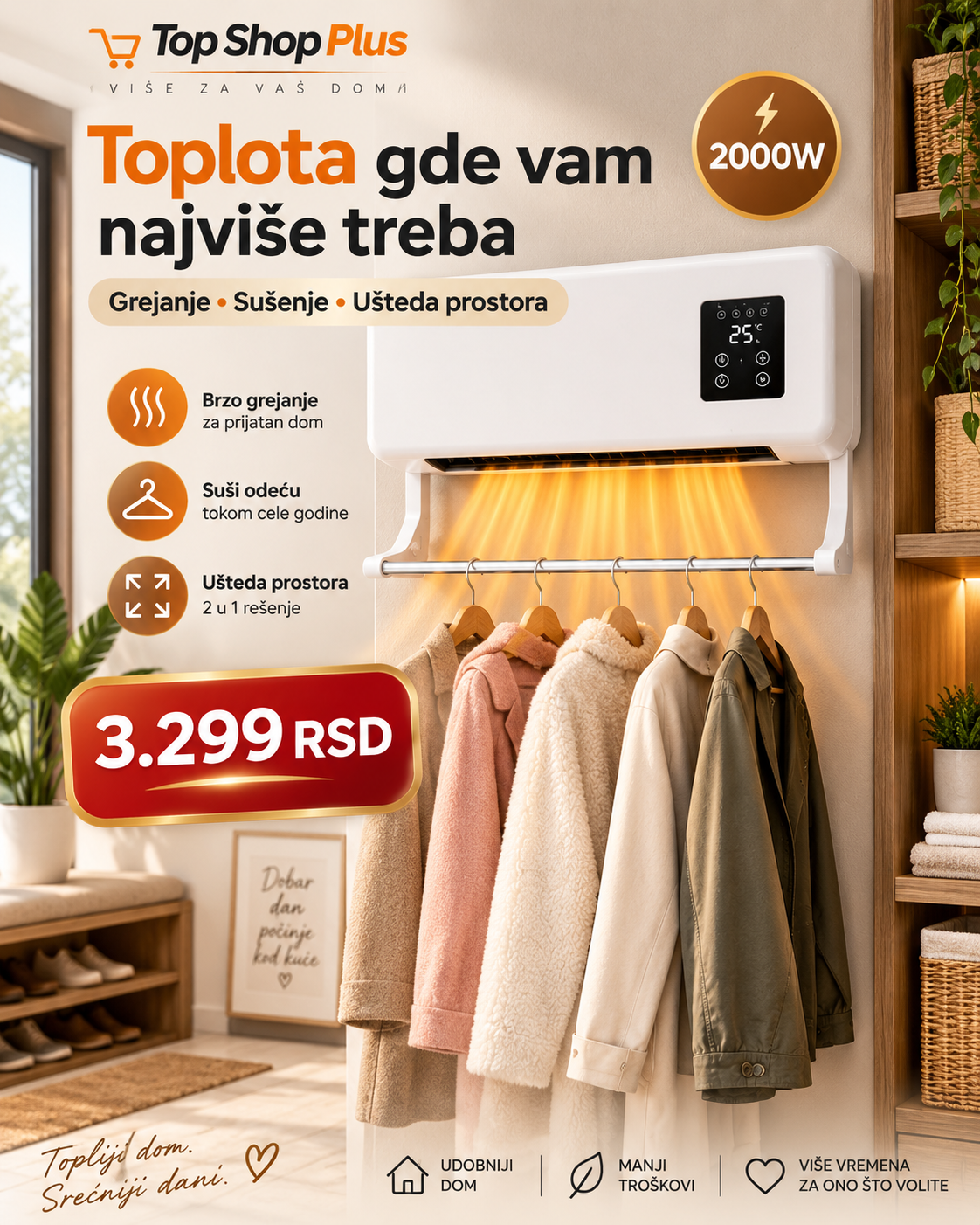 Zidna grejalica 2000W sa šipkom za sušenje odeće