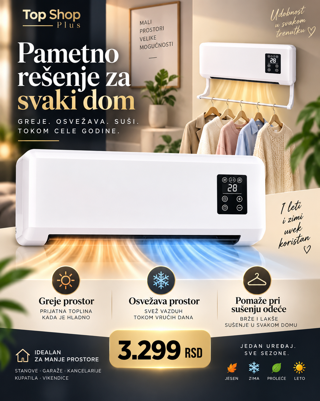 Zidna grejalica 2000W za manje prostore tokom cele godine